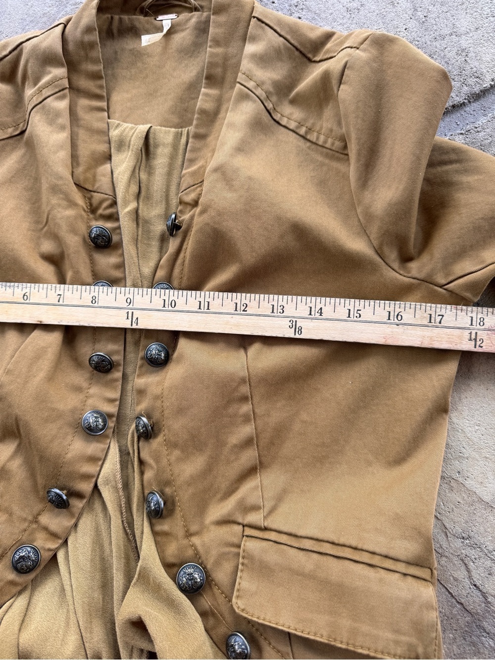 Free People Ruffle Hem Military Jacket XS Mustard Brown Boho Victorian - Picture 12 of 13